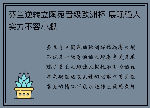 芬兰逆转立陶宛晋级欧洲杯 展现强大实力不容小觑