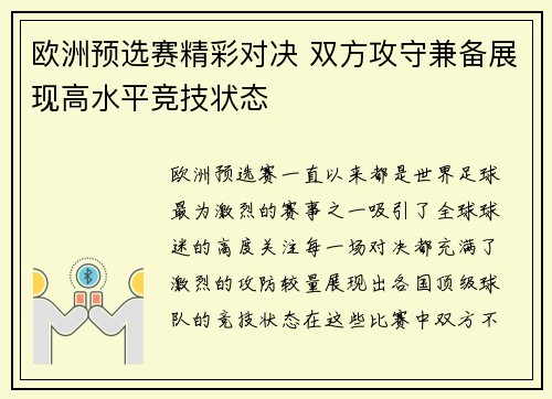 欧洲预选赛精彩对决 双方攻守兼备展现高水平竞技状态
