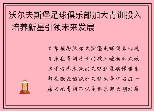 沃尔夫斯堡足球俱乐部加大青训投入 培养新星引领未来发展