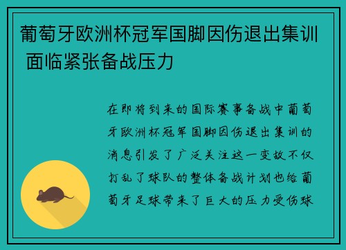 葡萄牙欧洲杯冠军国脚因伤退出集训 面临紧张备战压力