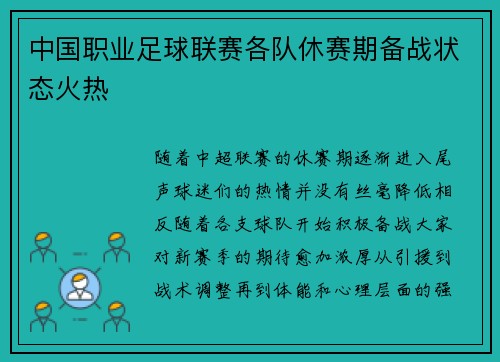 中国职业足球联赛各队休赛期备战状态火热