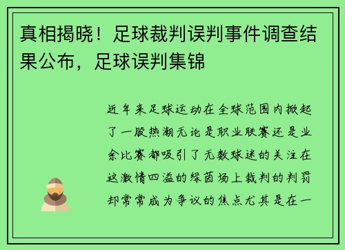 真相揭晓！足球裁判误判事件调查结果公布，足球误判集锦