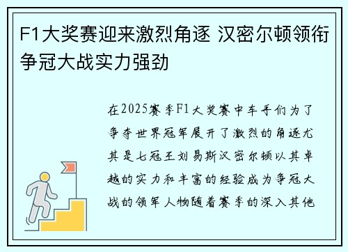 F1大奖赛迎来激烈角逐 汉密尔顿领衔争冠大战实力强劲