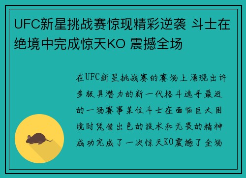 UFC新星挑战赛惊现精彩逆袭 斗士在绝境中完成惊天KO 震撼全场
